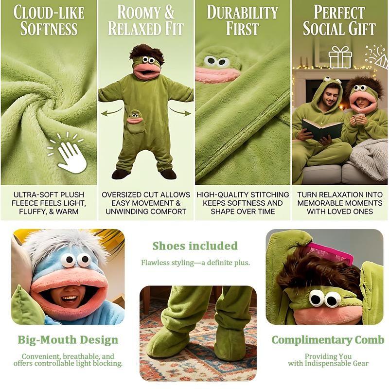 Big Mouth Monster Coral Fleece Onesie Pajamas Three-Piece Set, Includes Sleepwear + Comb + Shoes -8RH7