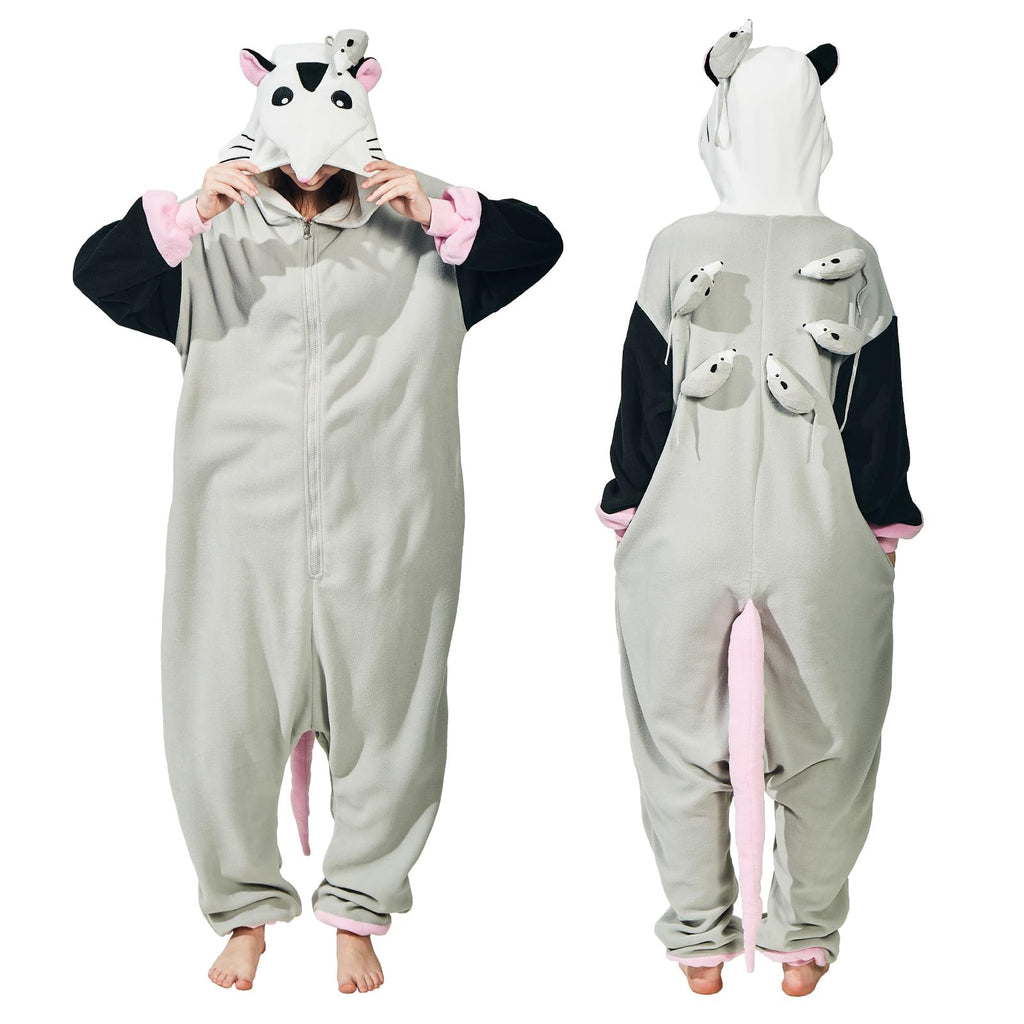 Adult Opossum Onesie Costume – Cute Possum Pajamas with Hood, Pink Gloves & Bushy Tail for Halloween & Lounging