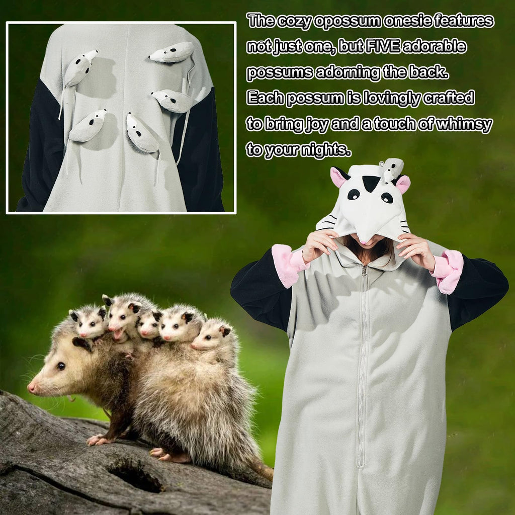 Adult Opossum Onesie Costume – Cute Possum Pajamas with Hood, Pink Gloves & Bushy Tail for Halloween & Lounging
