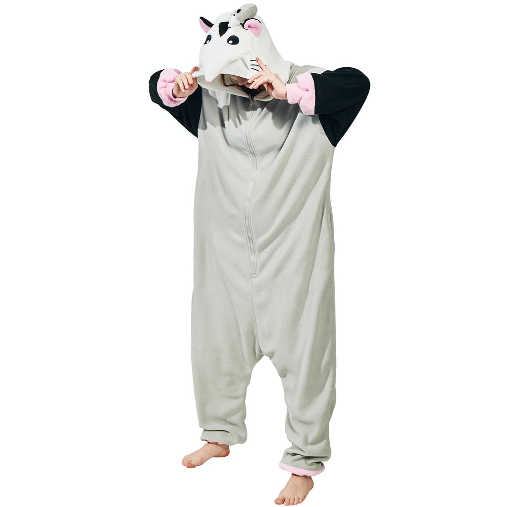 Adult Opossum Onesie Costume – Cute Possum Pajamas with Hood, Pink Gloves & Bushy Tail for Halloween & Lounging