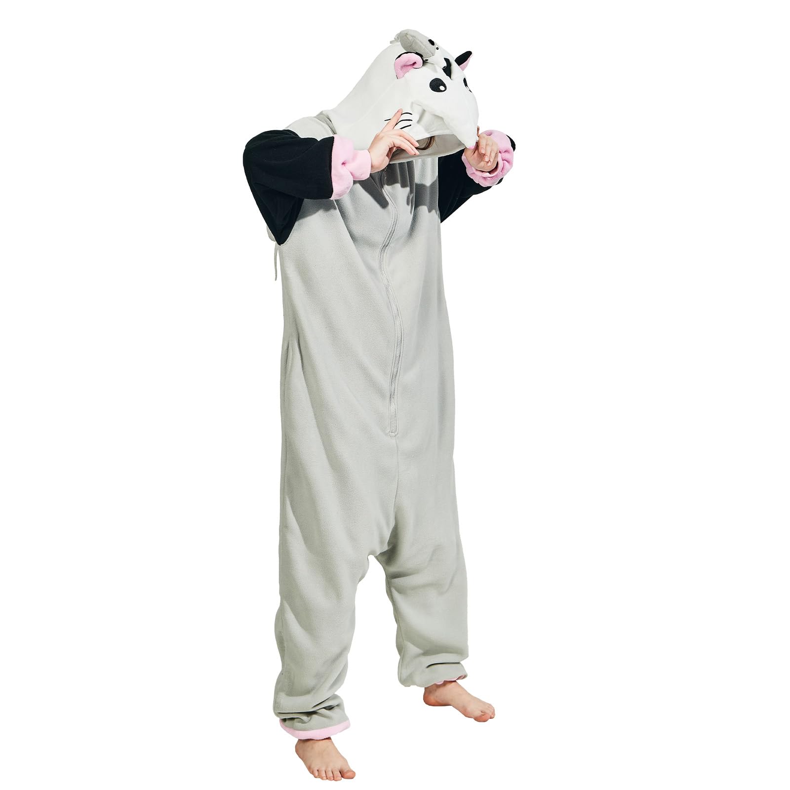 Adult Opossum Onesie Costume – Cute Possum Pajamas with Hood, Pink Gloves & Bushy Tail for Halloween & Lounging