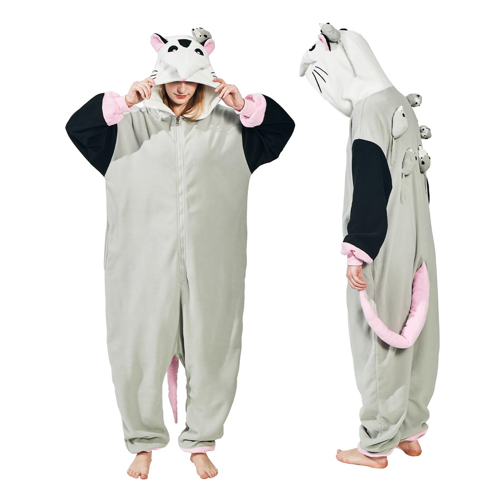 Adult Opossum Onesie Costume – Cute Possum Pajamas with Hood, Pink Gloves & Bushy Tail for Halloween & Lounging