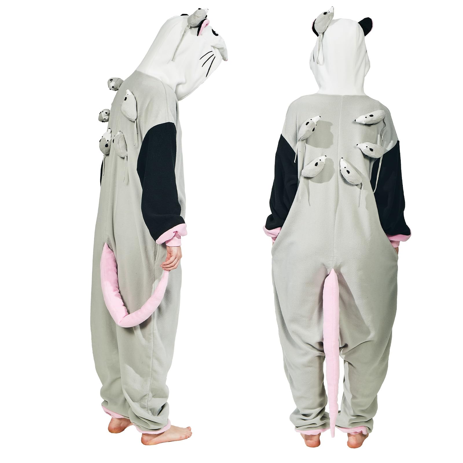 Adult Opossum Onesie Costume – Cute Possum Pajamas with Hood, Pink Gloves & Bushy Tail for Halloween & Lounging
