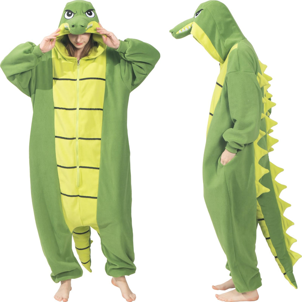 Adult Alligator Crocodile Onesie Costume – Realistic Reptile Pajamas with Dorsal Fins & Tail for Halloween
