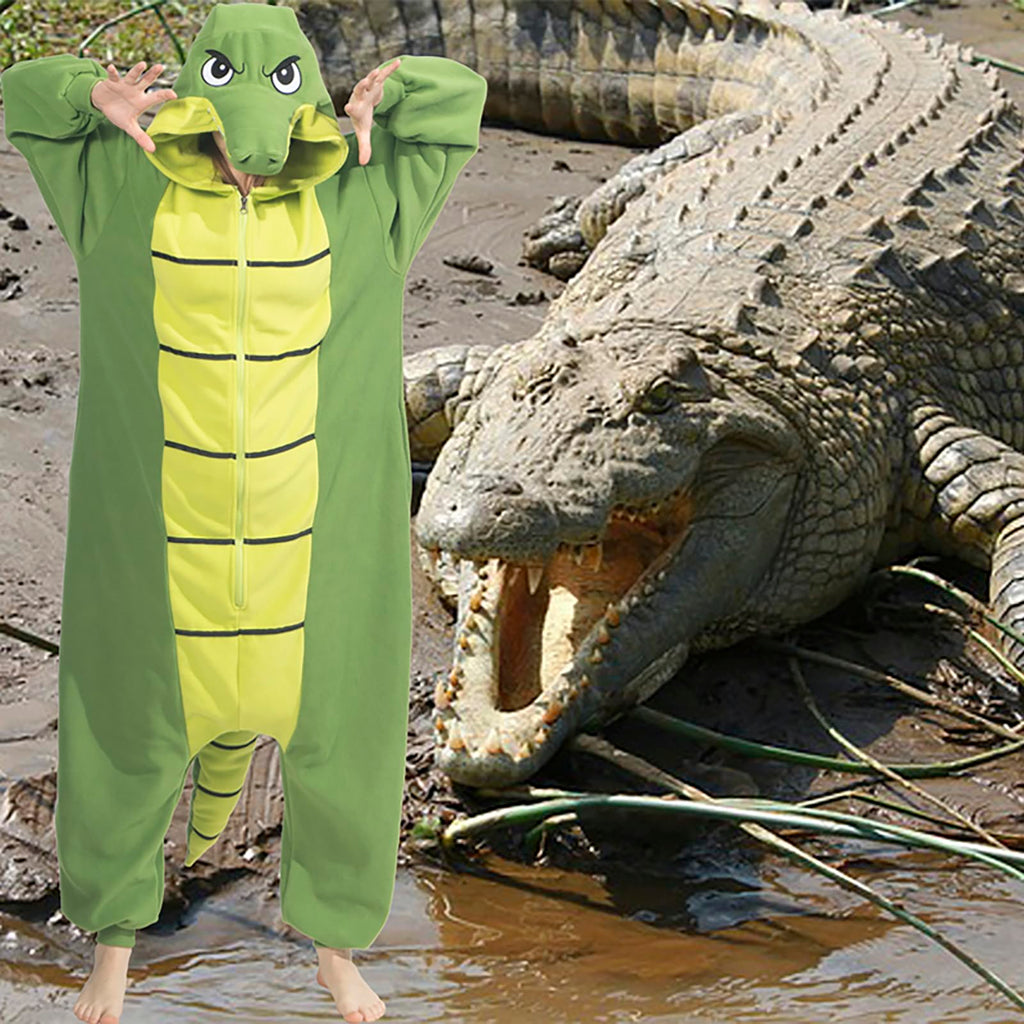 Adult Alligator Crocodile Onesie Costume – Realistic Reptile Pajamas with Dorsal Fins & Tail for Halloween