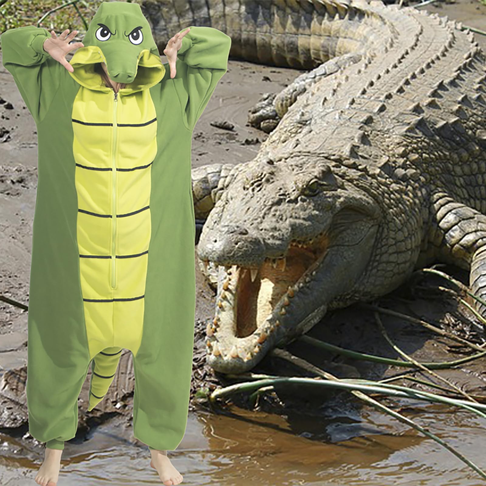 Adult Alligator Crocodile Onesie Costume – Realistic Reptile Pajamas with Dorsal Fins & Tail for Halloween