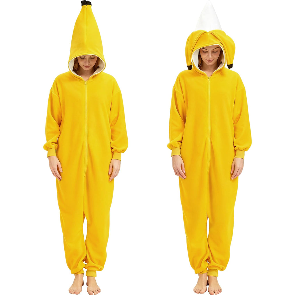 Adult Banana Onesie Costume – Peelable 2-in-1 Fruit Pajamas with Lifelike Hood for Halloween & Parties