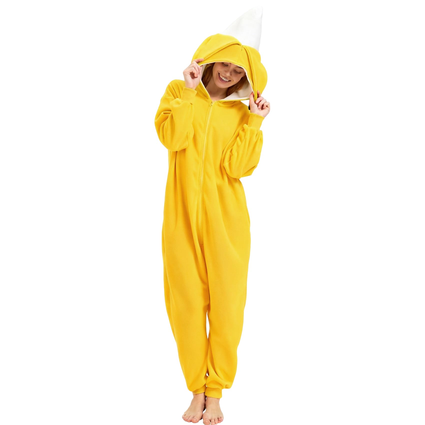 Adult Banana Onesie Costume – Peelable 2-in-1 Fruit Pajamas with Lifelike Hood for Halloween & Parties