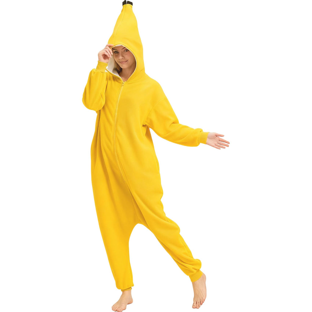 Adult Banana Onesie Costume – Peelable 2-in-1 Fruit Pajamas with Lifelike Hood for Halloween & Parties