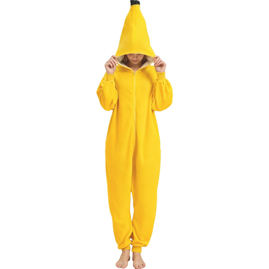 Adult Banana Onesie Costume – Peelable 2-in-1 Fruit Pajamas with Lifelike Hood for Halloween & Parties