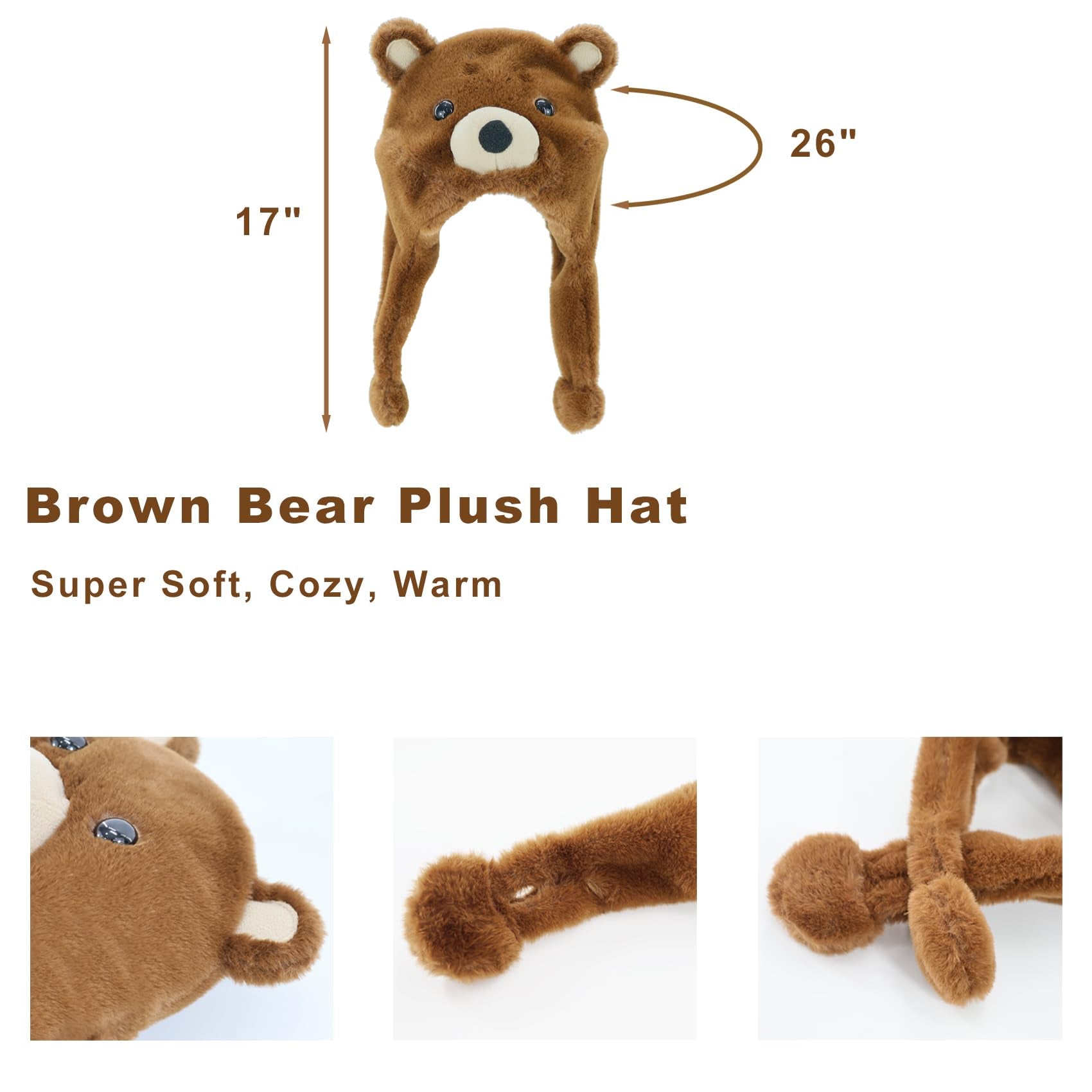 Cute Brown Bear Plush Hat – Cozy Fleece Animal Hood with Long Ear Flaps