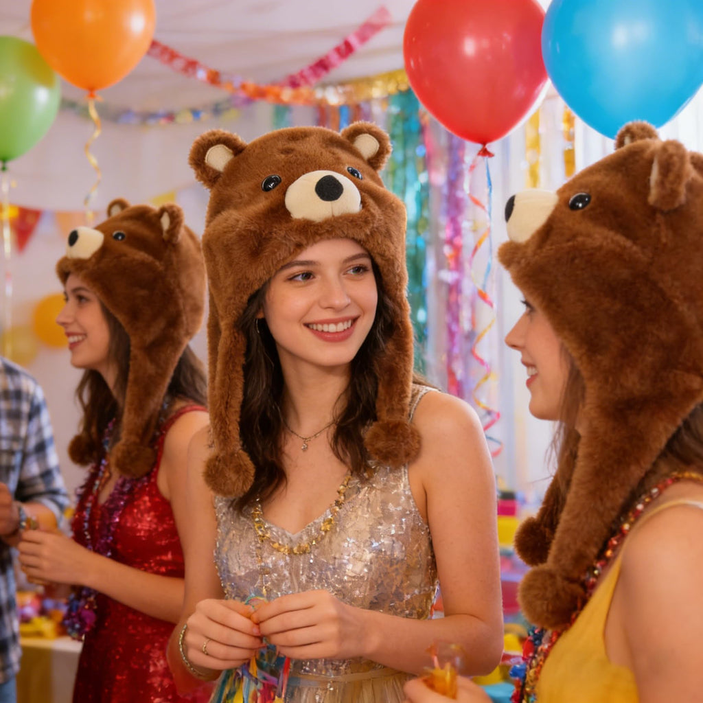 Cute Brown Bear Plush Hat – Cozy Fleece Animal Hood with Long Ear Flaps