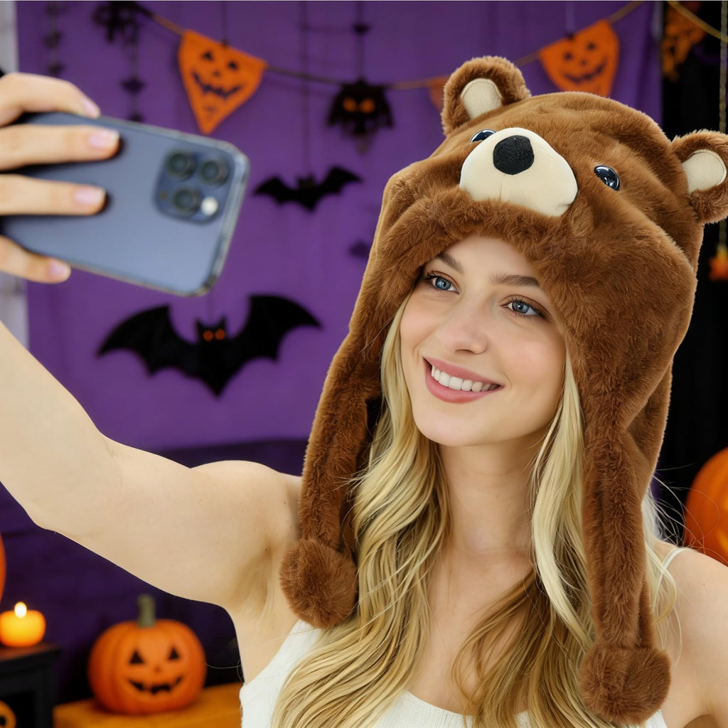 Cute Brown Bear Plush Hat – Cozy Fleece Animal Hood with Long Ear Flaps