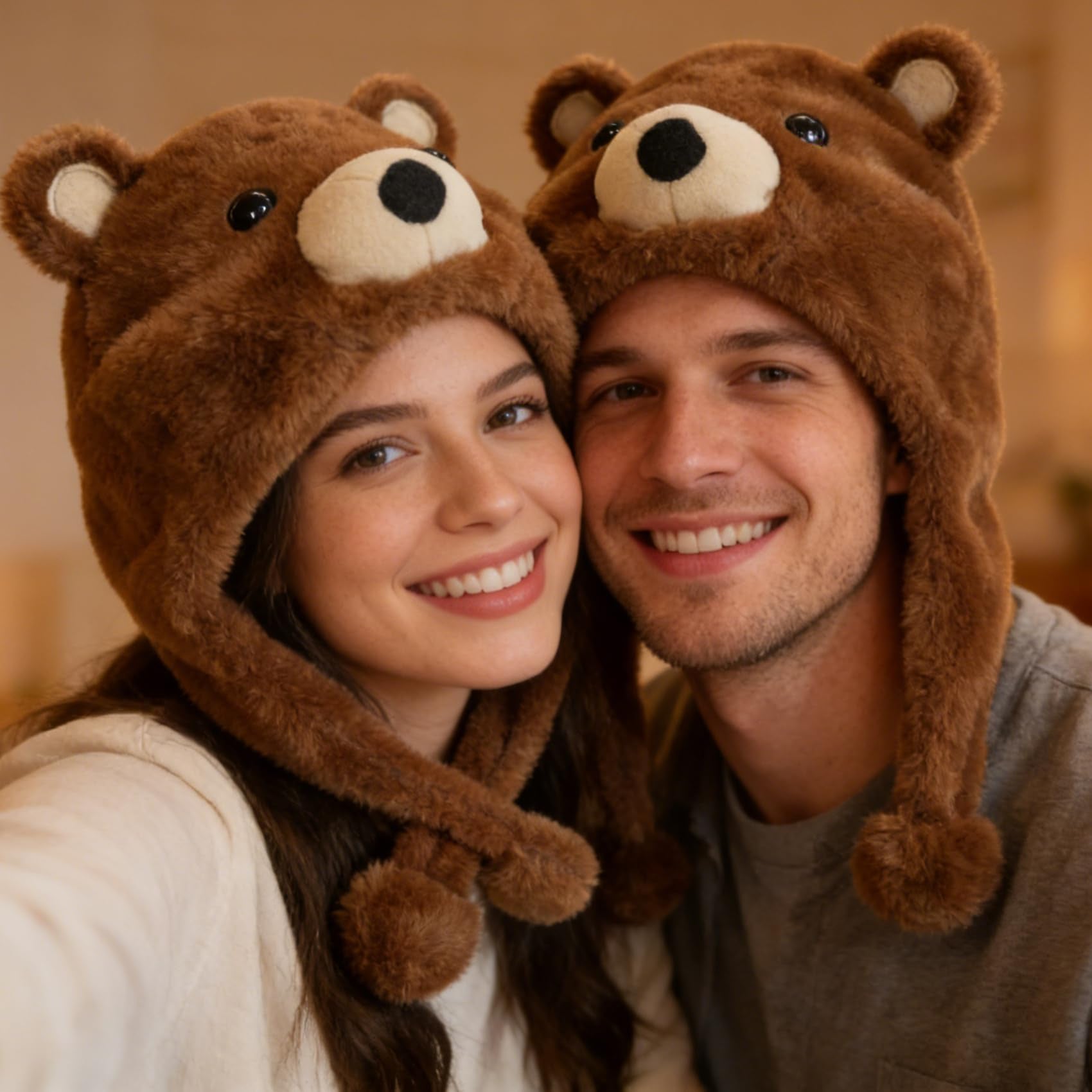 Cute Brown Bear Plush Hat – Cozy Fleece Animal Hood with Long Ear Flaps