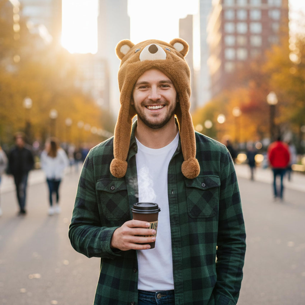 Cute Brown Bear Plush Hat – Cozy Fleece Animal Hood with Long Ear Flaps
