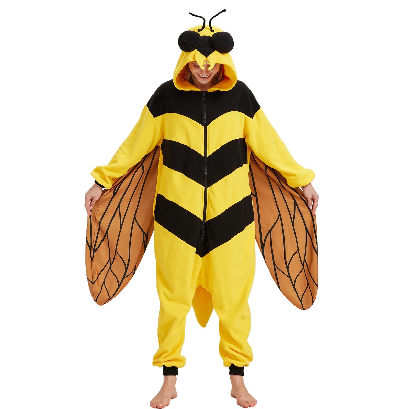 Cute Bee Onesie Costume – Soft Polar Fleece Bumblebee Pajamas with Pockets