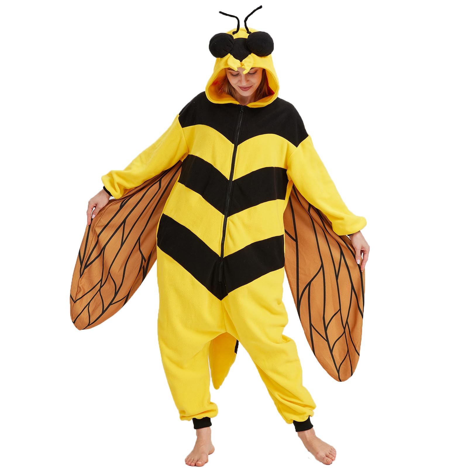 Cute Bee Onesie Costume – Soft Polar Fleece Bumblebee Pajamas with Pockets