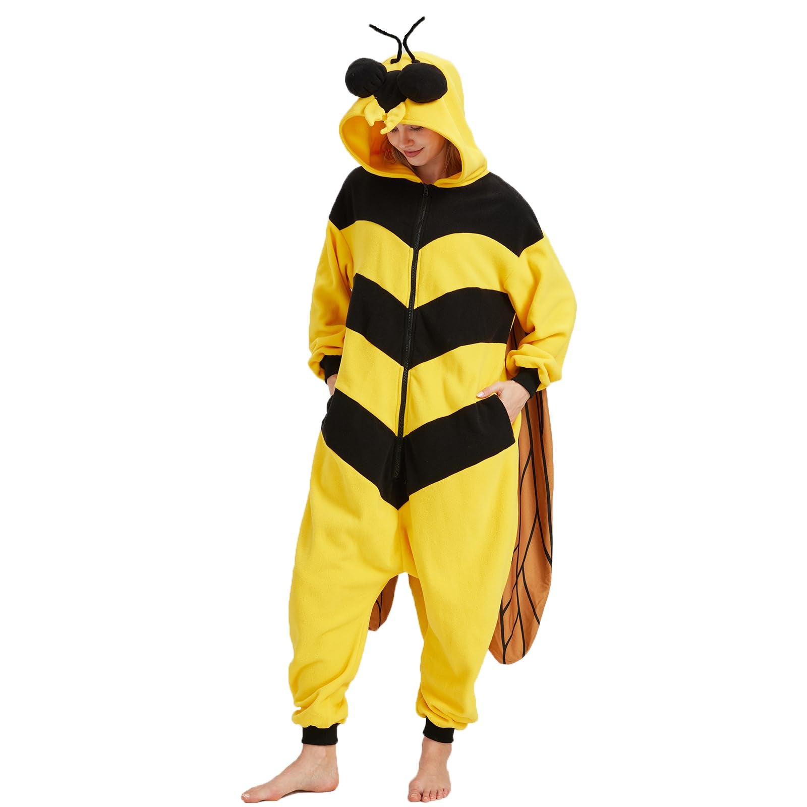 Cute Bee Onesie Costume – Soft Polar Fleece Bumblebee Pajamas with Pockets