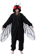 Black Fly Costume Onesie – Adult Insect Jumpsuit with Wings & Red Eyes for Halloween Cosplay