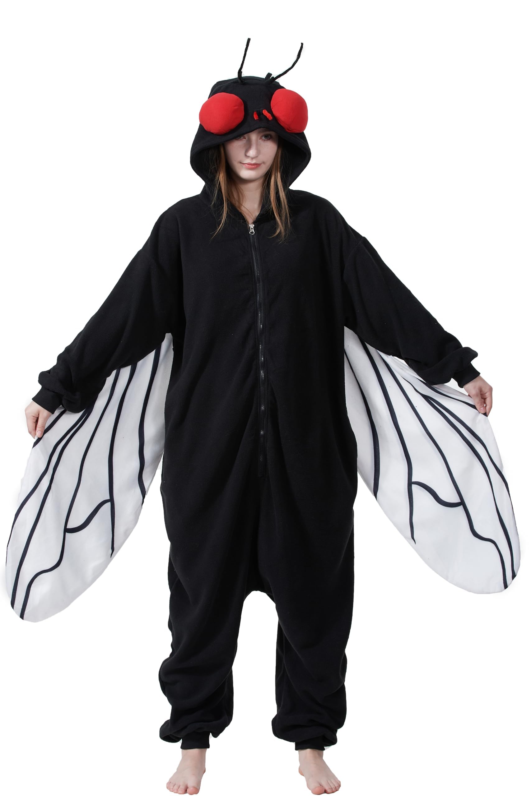 Black Fly Costume Onesie – Adult Insect Jumpsuit with Wings & Red Eyes for Halloween Cosplay