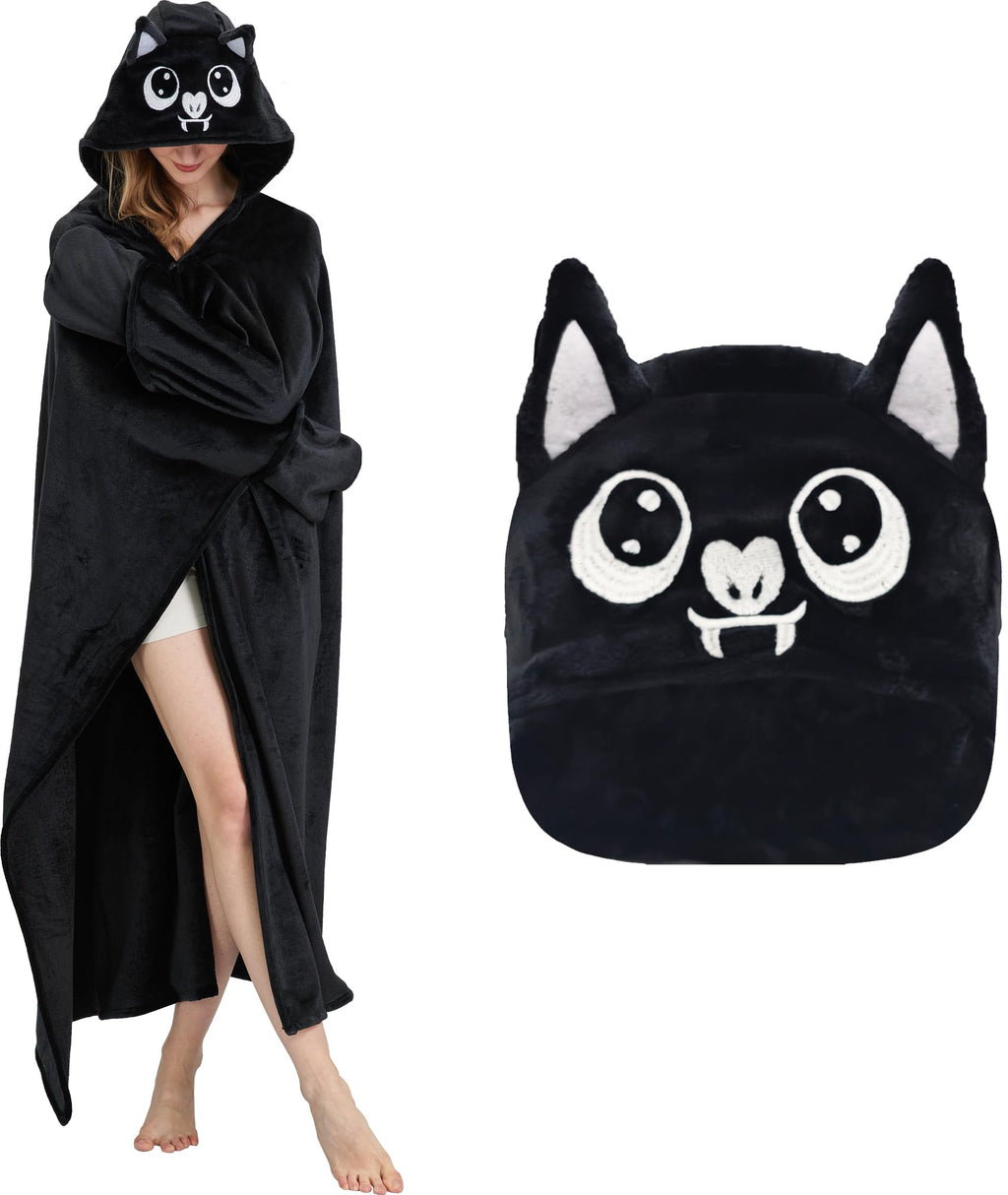 Bat Hooded Blanket – Wearable Cozy Cape with 3D Ears & Glove Sleeves for Adults, Unisex Flannel Fleece Throw