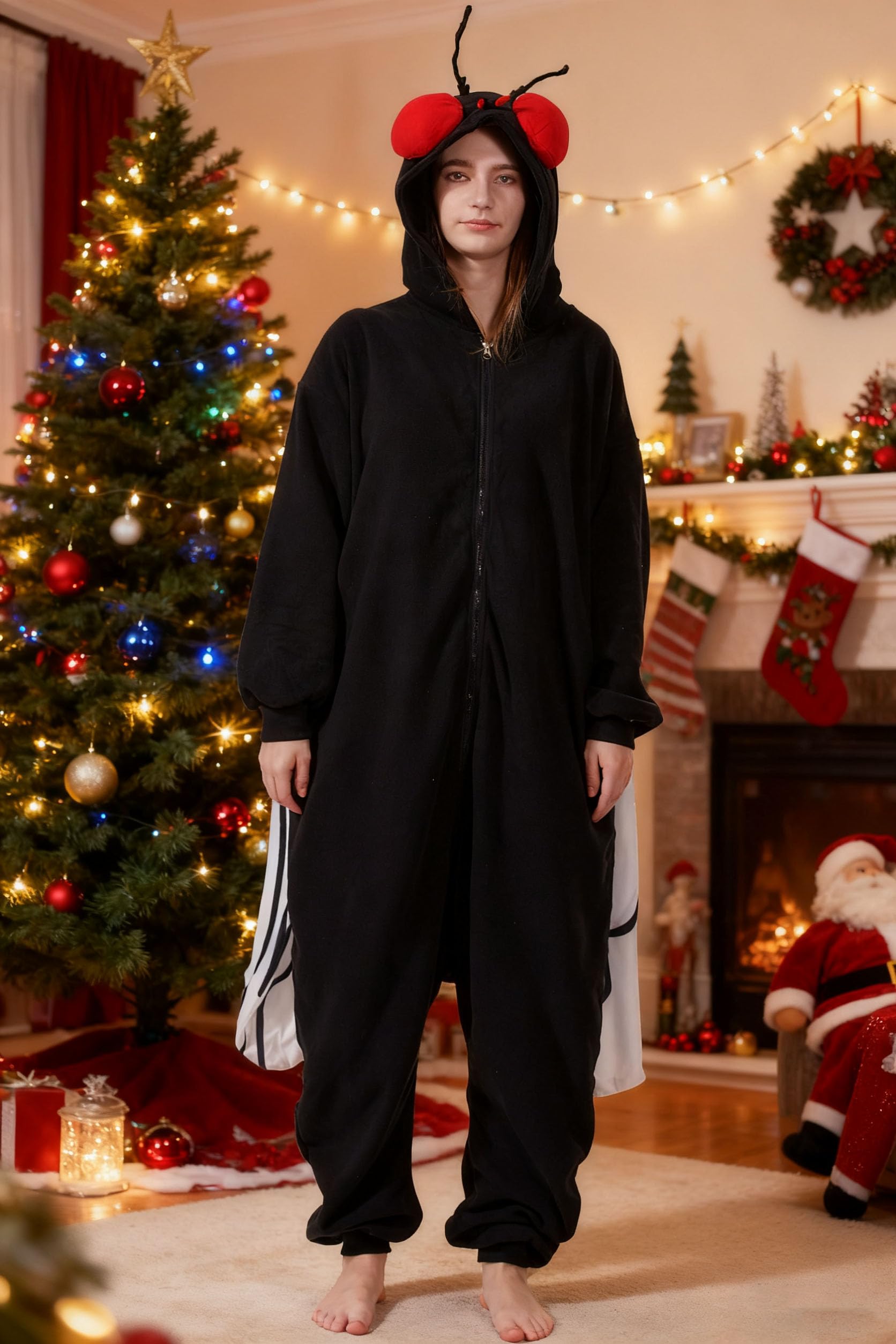 Black Fly Costume Onesie – Adult Insect Jumpsuit with Wings & Red Eyes for Halloween Cosplay