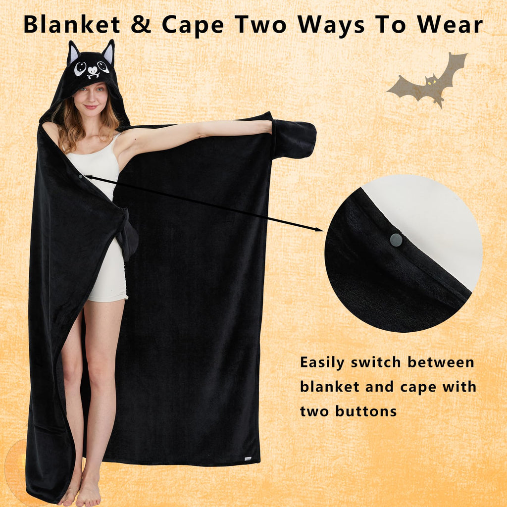 Bat Hooded Blanket – Wearable Cozy Cape with 3D Ears & Glove Sleeves for Adults, Unisex Flannel Fleece Throw