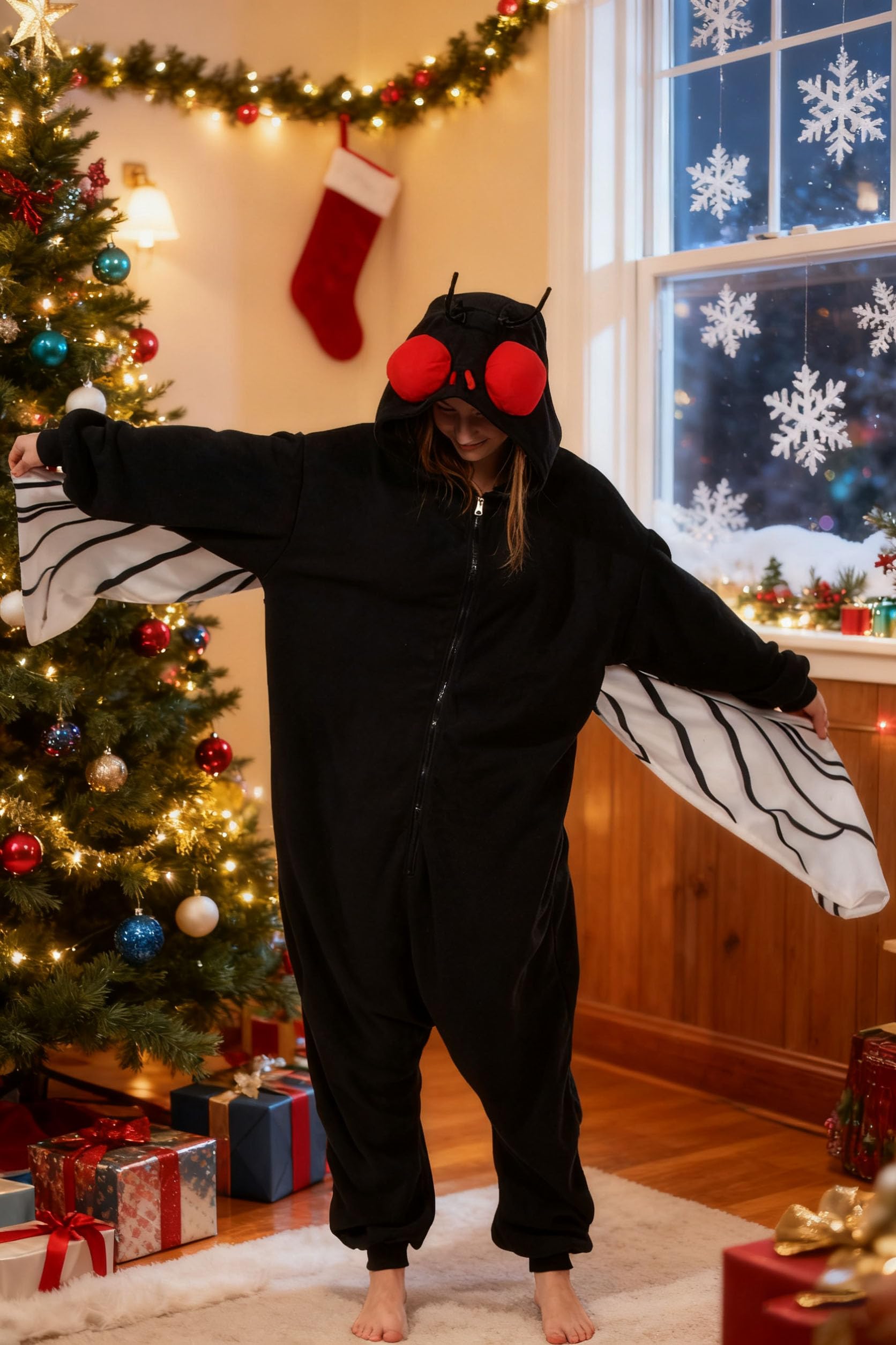 Black Fly Costume Onesie – Adult Insect Jumpsuit with Wings & Red Eyes for Halloween Cosplay
