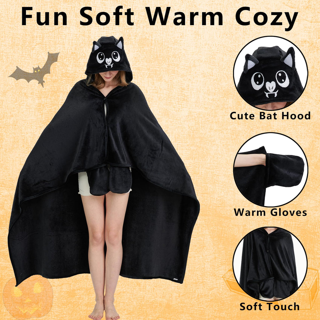 Bat Hooded Blanket – Wearable Cozy Cape with 3D Ears & Glove Sleeves for Adults, Unisex Flannel Fleece Throw
