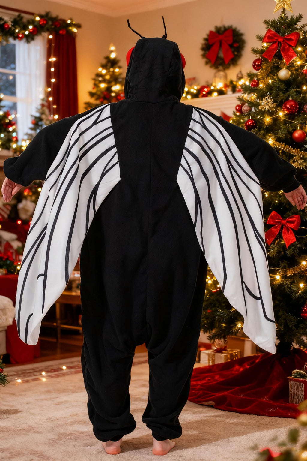 Black Fly Costume Onesie – Adult Insect Jumpsuit with Wings & Red Eyes for Halloween Cosplay