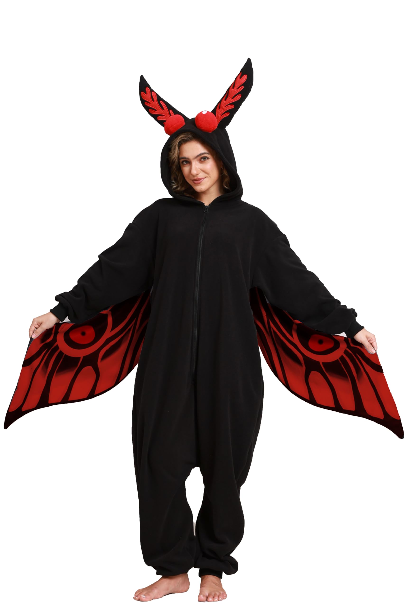 Mothman Onesie Costume – Adult Cryptid Pajamas with Wings, Eyes & Ears for Halloween Cosplay