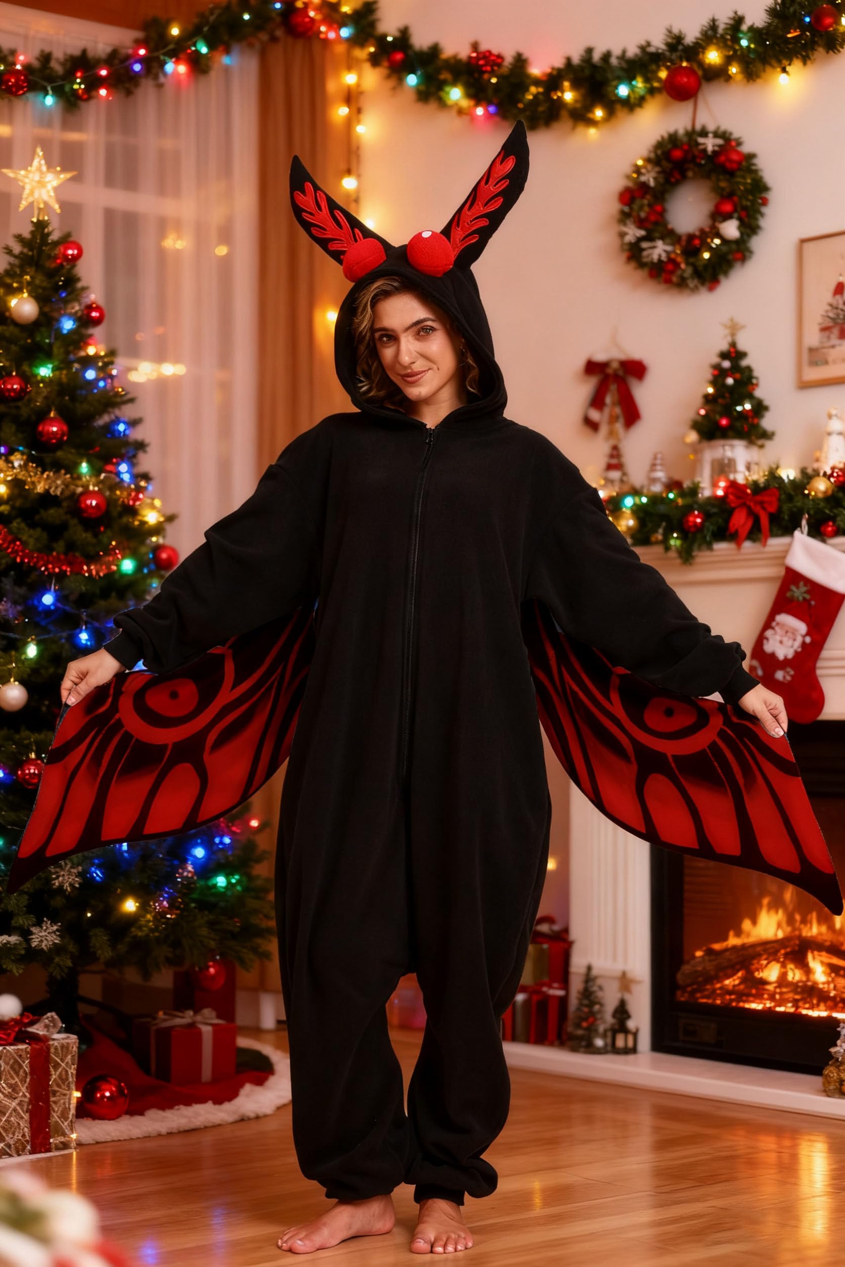 Mothman Onesie Costume – Adult Cryptid Pajamas with Wings, Eyes & Ears for Halloween Cosplay