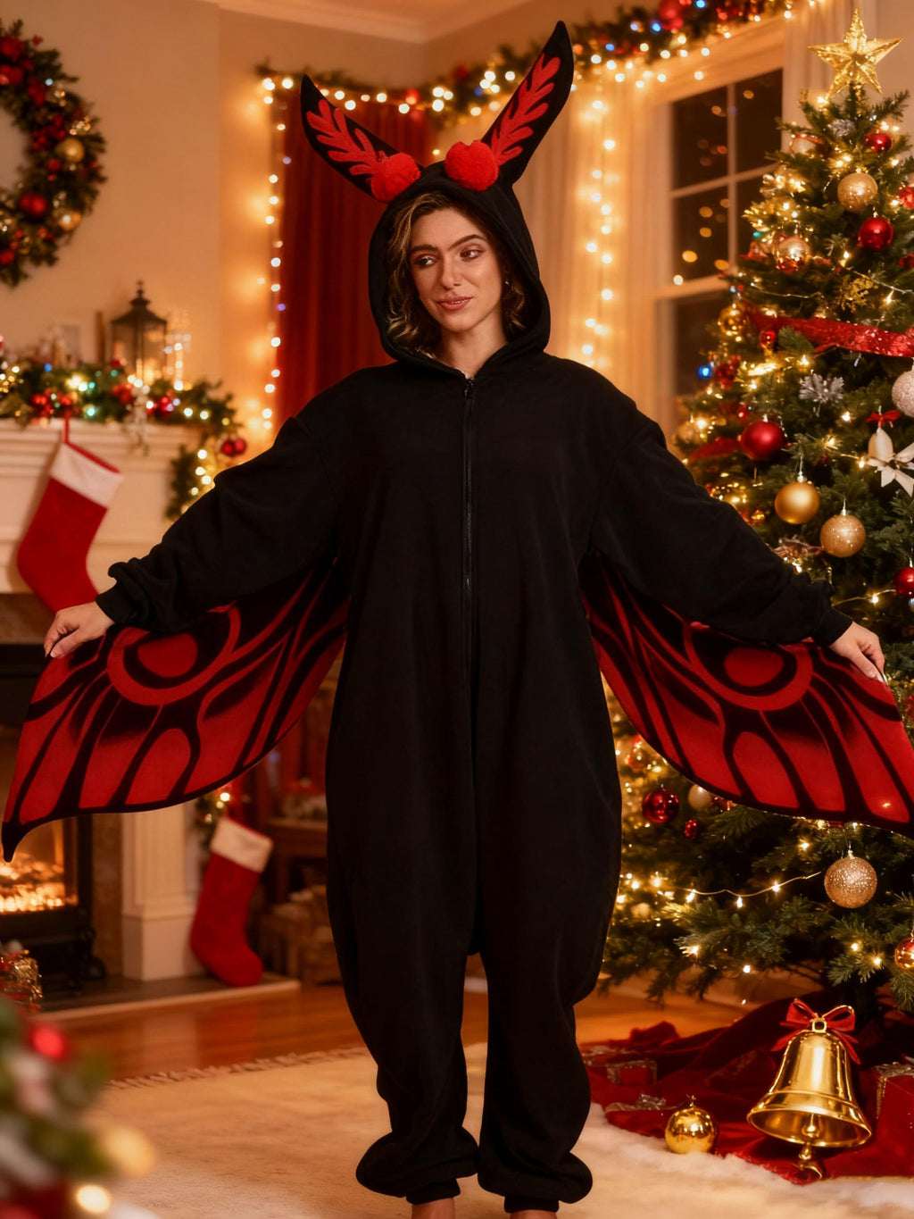 Mothman Onesie Costume – Adult Cryptid Pajamas with Wings, Eyes & Ears for Halloween Cosplay