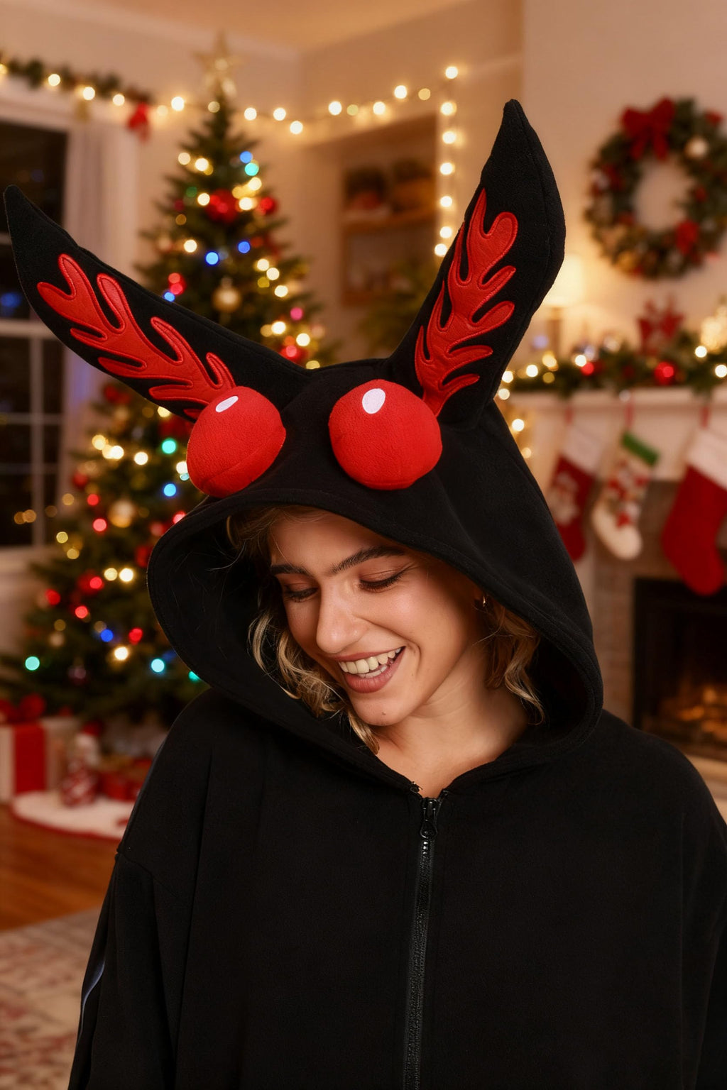 Mothman Onesie Costume – Adult Cryptid Pajamas with Wings, Eyes & Ears for Halloween Cosplay