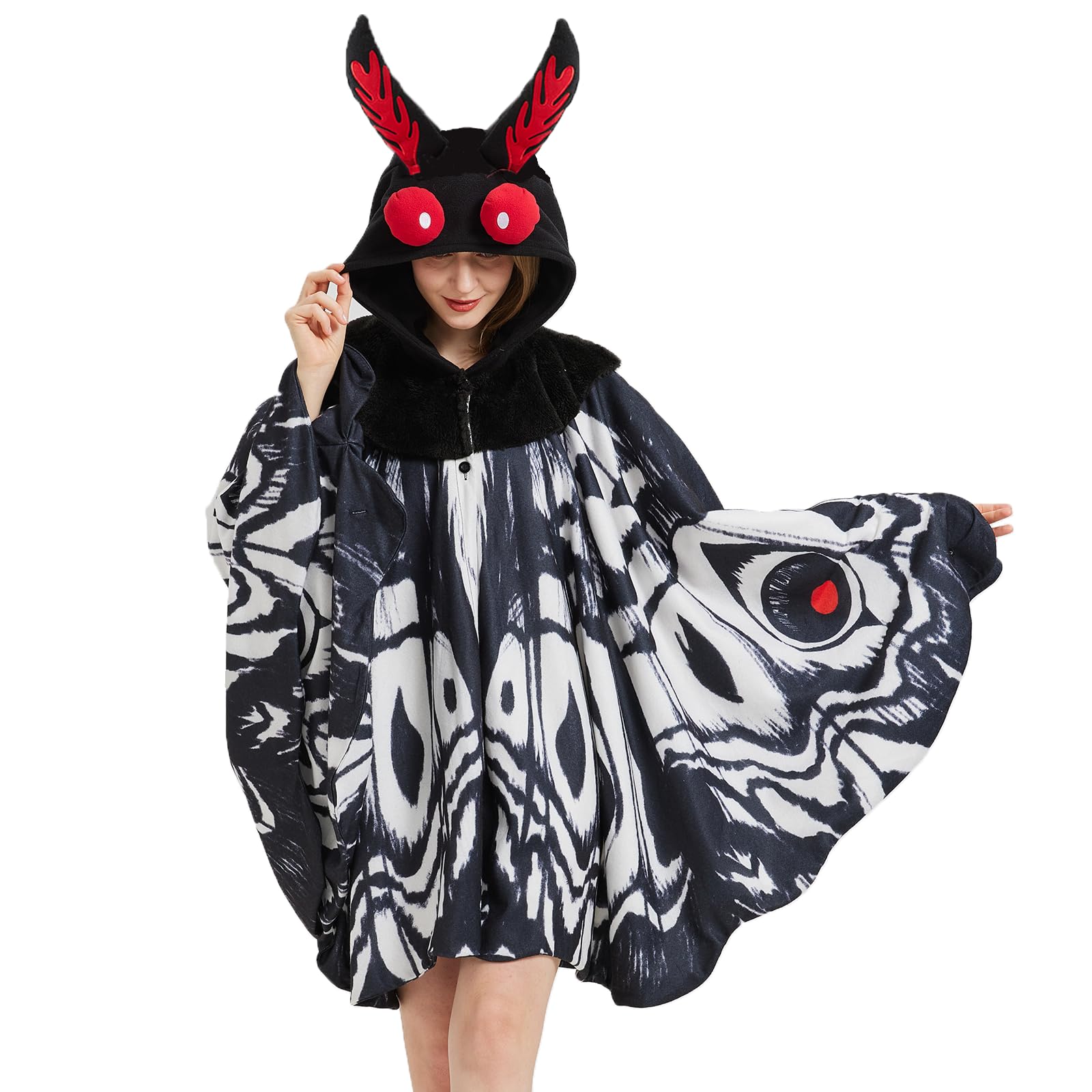Adult Mothman Costume – One Size Fits All Cryptid Jumpsuit with Red Eyes & Printed Body Pattern for Halloween
