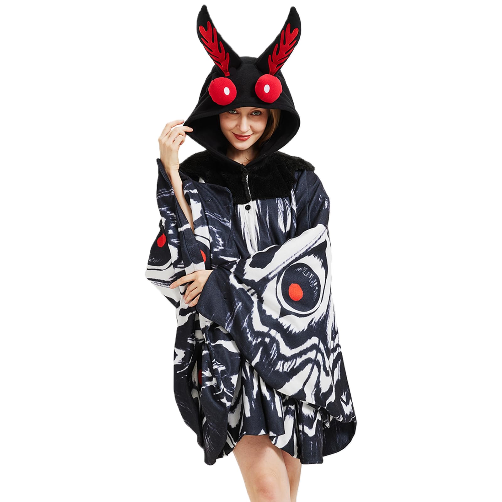 Adult Mothman Costume – One Size Fits All Cryptid Jumpsuit with Red Eyes & Printed Body Pattern for Halloween