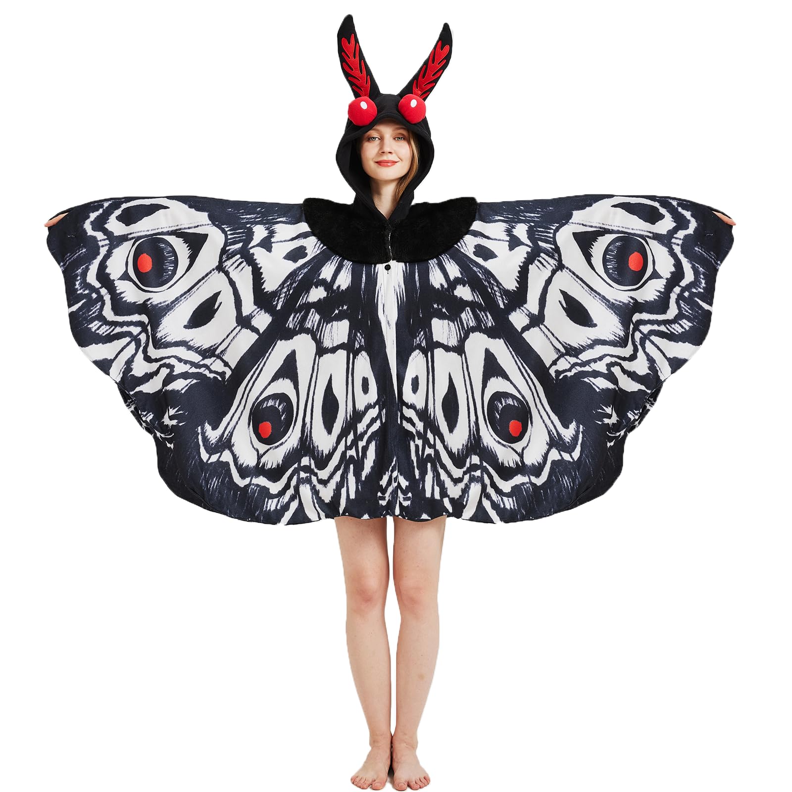 Adult Mothman Costume – One Size Fits All Cryptid Jumpsuit with Red Eyes & Printed Body Pattern for Halloween