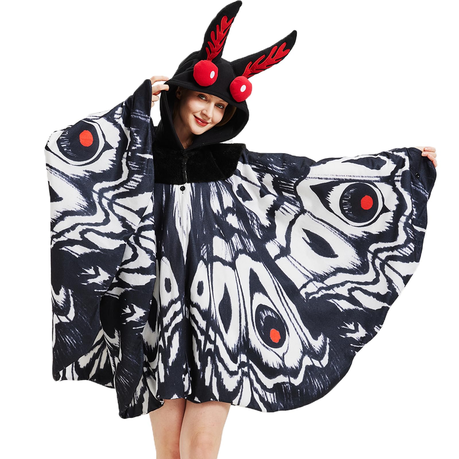 Adult Mothman Costume – One Size Fits All Cryptid Jumpsuit with Red Eyes & Printed Body Pattern for Halloween
