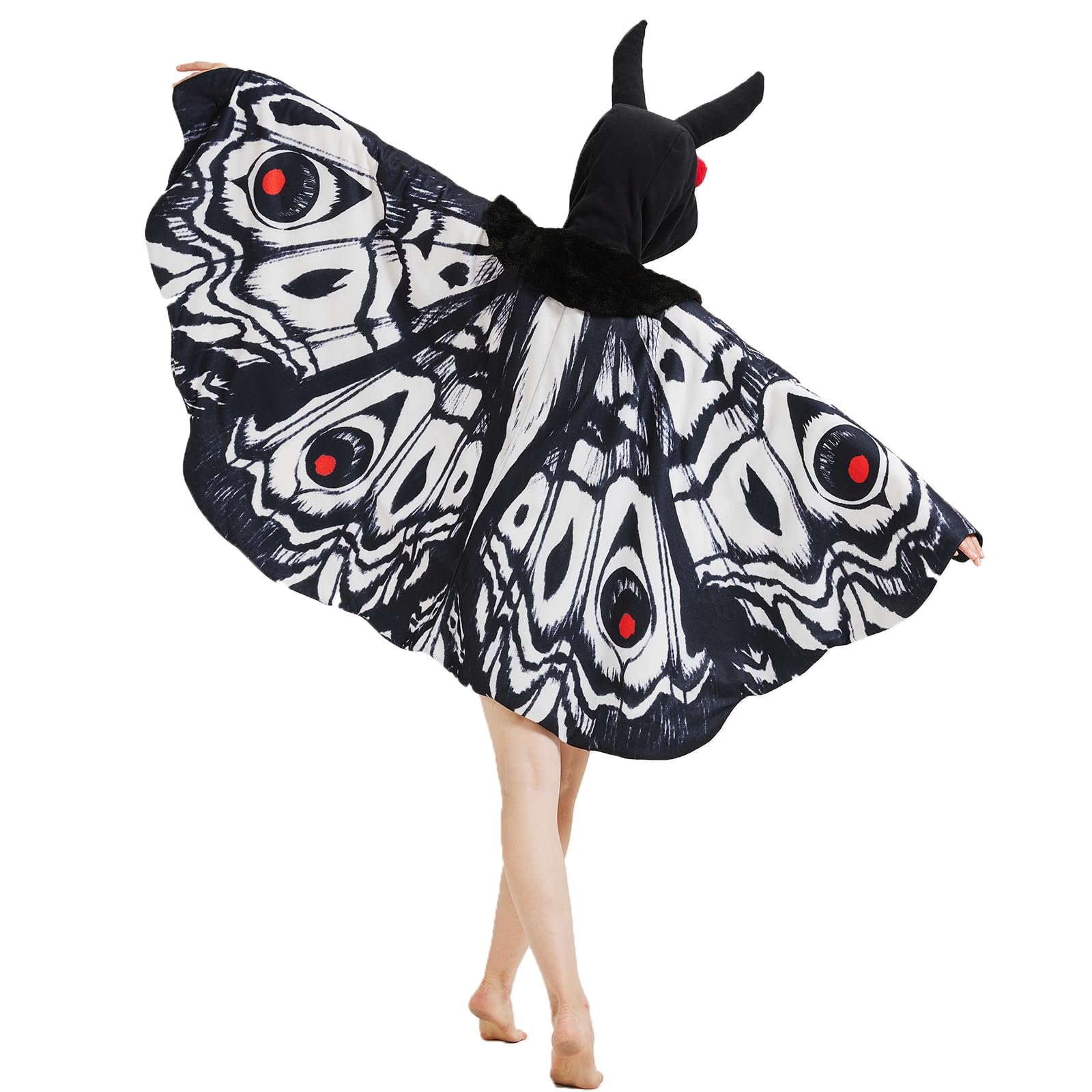 Adult Mothman Costume – One Size Fits All Cryptid Jumpsuit with Red Eyes & Printed Body Pattern for Halloween