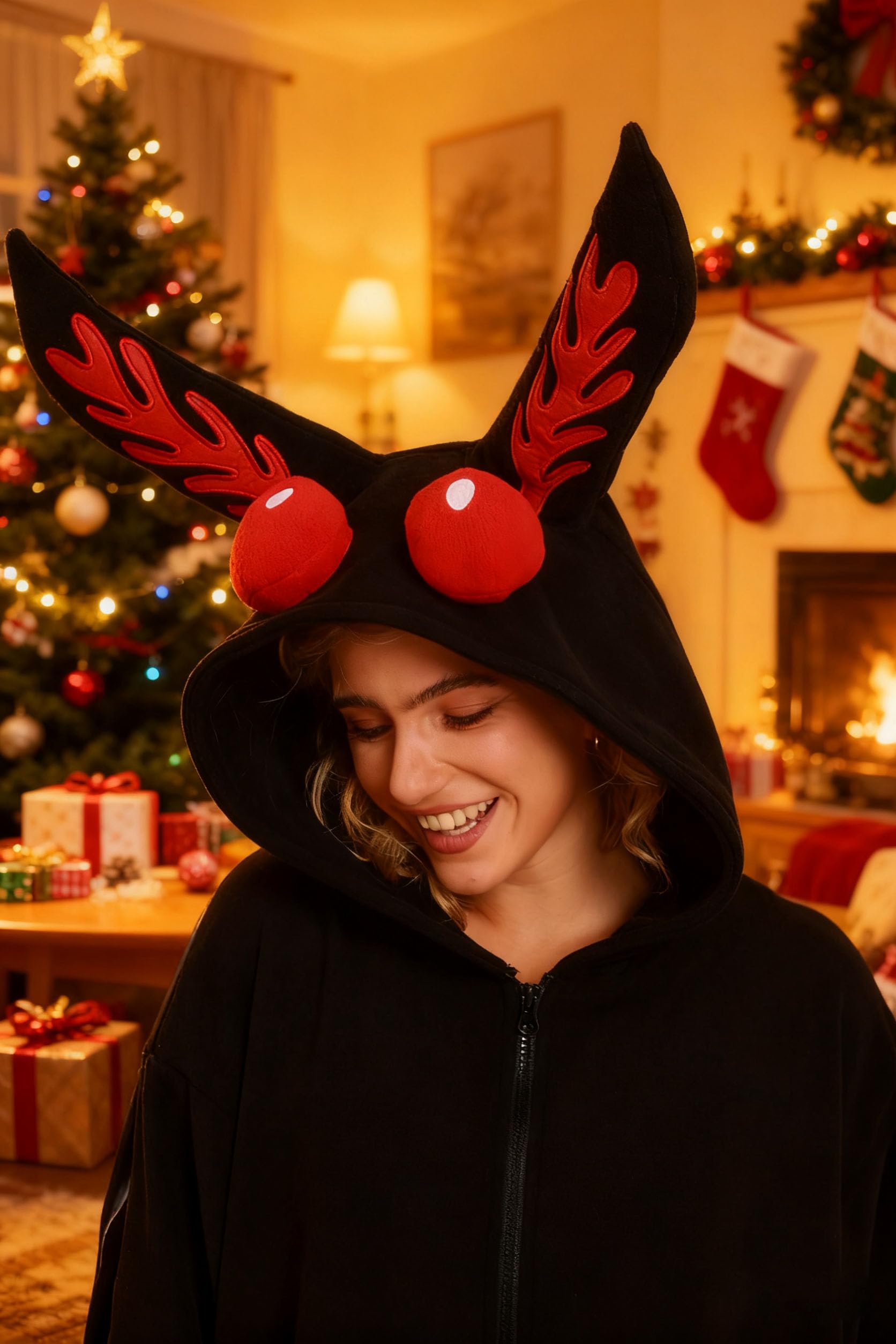 Mothman Onesie Costume – Adult Cryptid Pajamas with Wings, Eyes & Ears for Halloween Cosplay