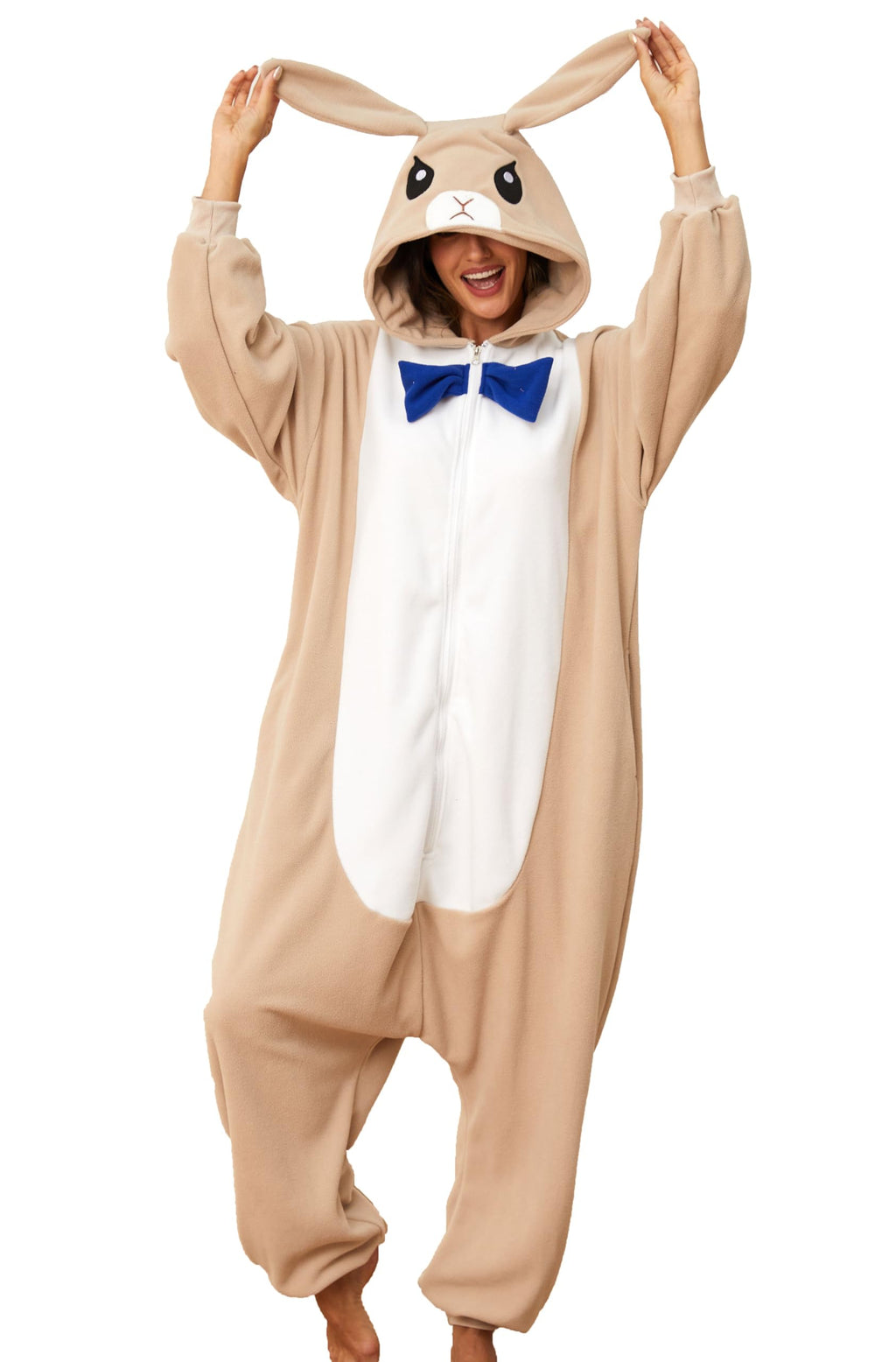 Brown Bunny Onesie Costume – Flannel Rabbit Kigurumi Pajamas with Natural Fur