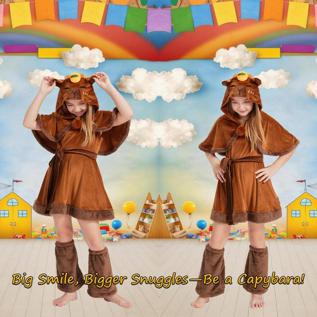 Kids Capybara Costume – 3-Piece Animal Outfit Set with Hooded Cape, Skirt & Leg Warmers for Halloween & Dress-Up