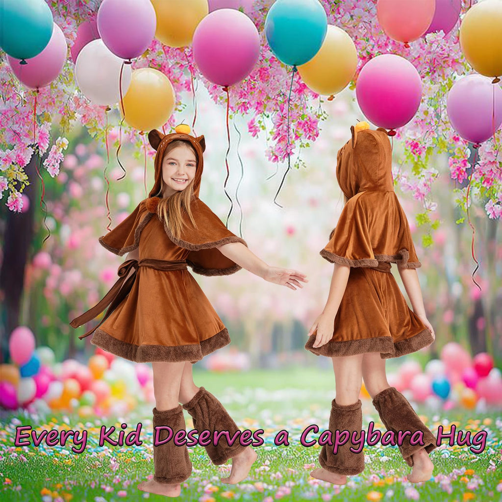 Kids Capybara Costume – 3-Piece Animal Outfit Set with Hooded Cape, Skirt & Leg Warmers for Halloween & Dress-Up