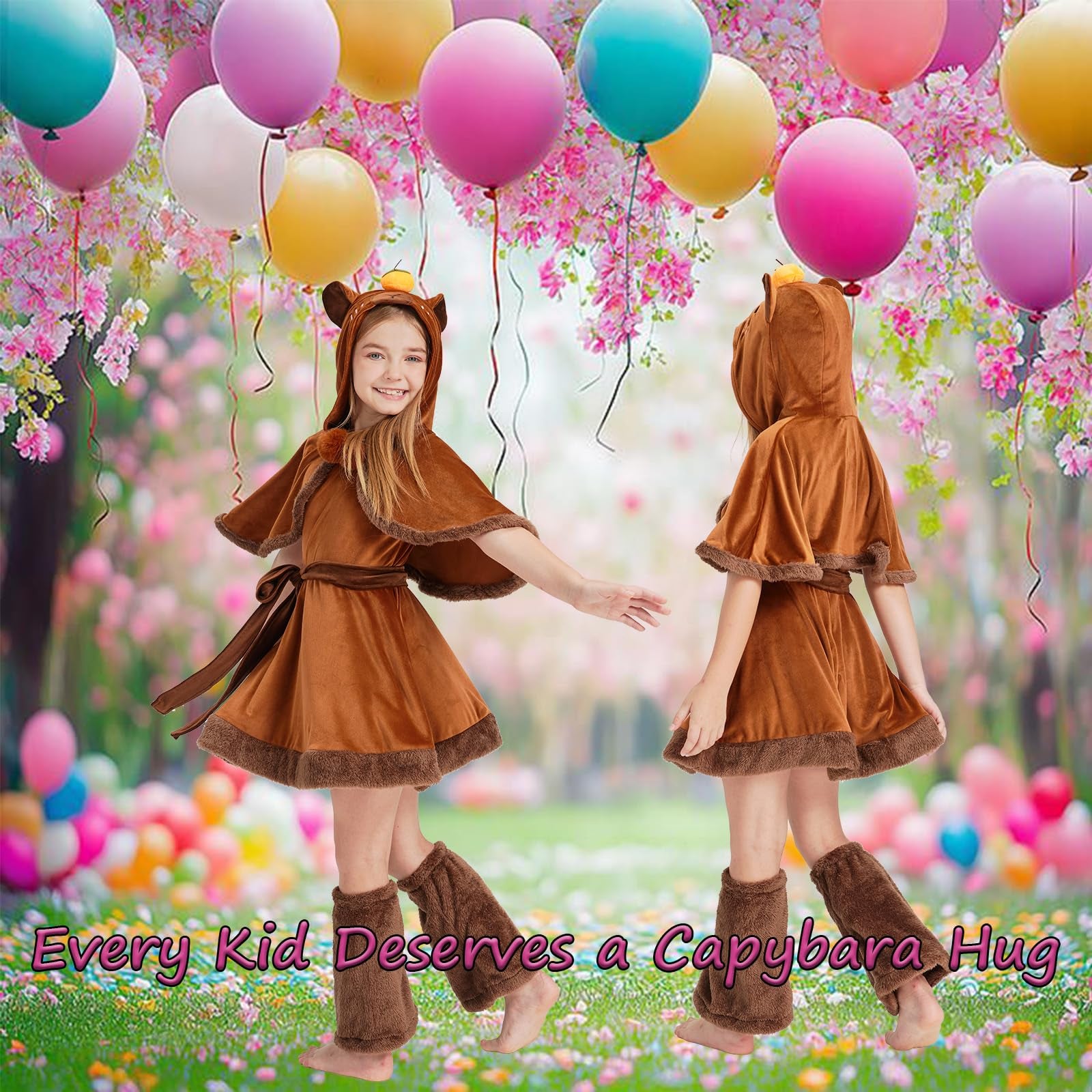 Kids Capybara Costume – 3-Piece Animal Outfit Set with Hooded Cape, Skirt & Leg Warmers for Halloween & Dress-Up