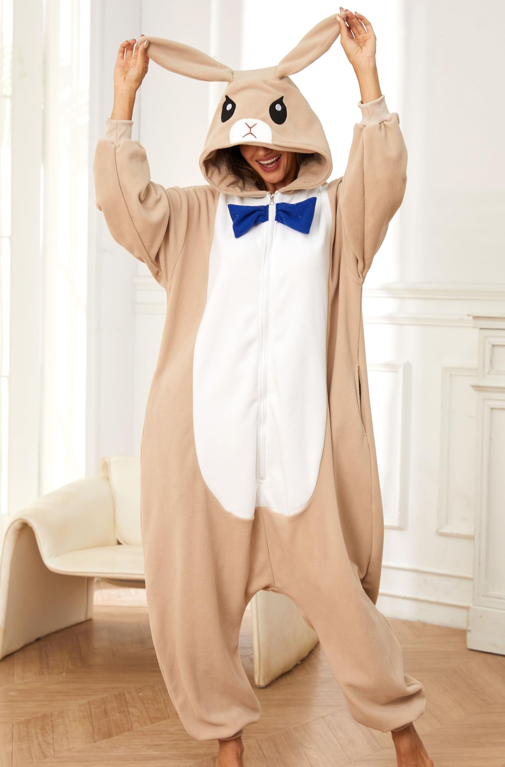 Brown Bunny Onesie Costume – Flannel Rabbit Kigurumi Pajamas with Natural Fur