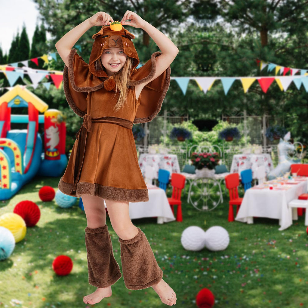 Kids Capybara Costume – 3-Piece Animal Outfit Set with Hooded Cape, Skirt & Leg Warmers for Halloween & Dress-Up