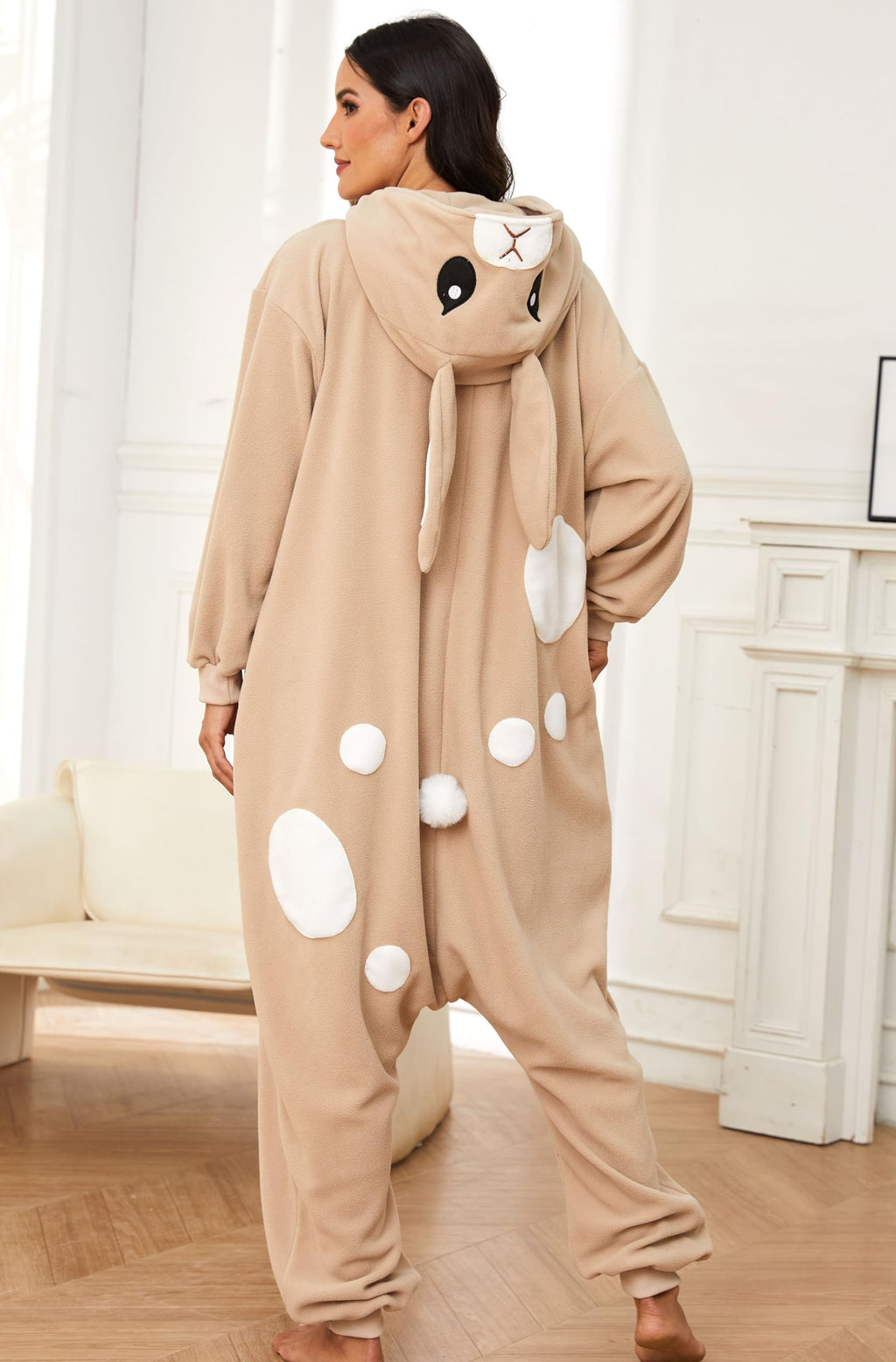 Brown Bunny Onesie Costume – Flannel Rabbit Kigurumi Pajamas with Natural Fur