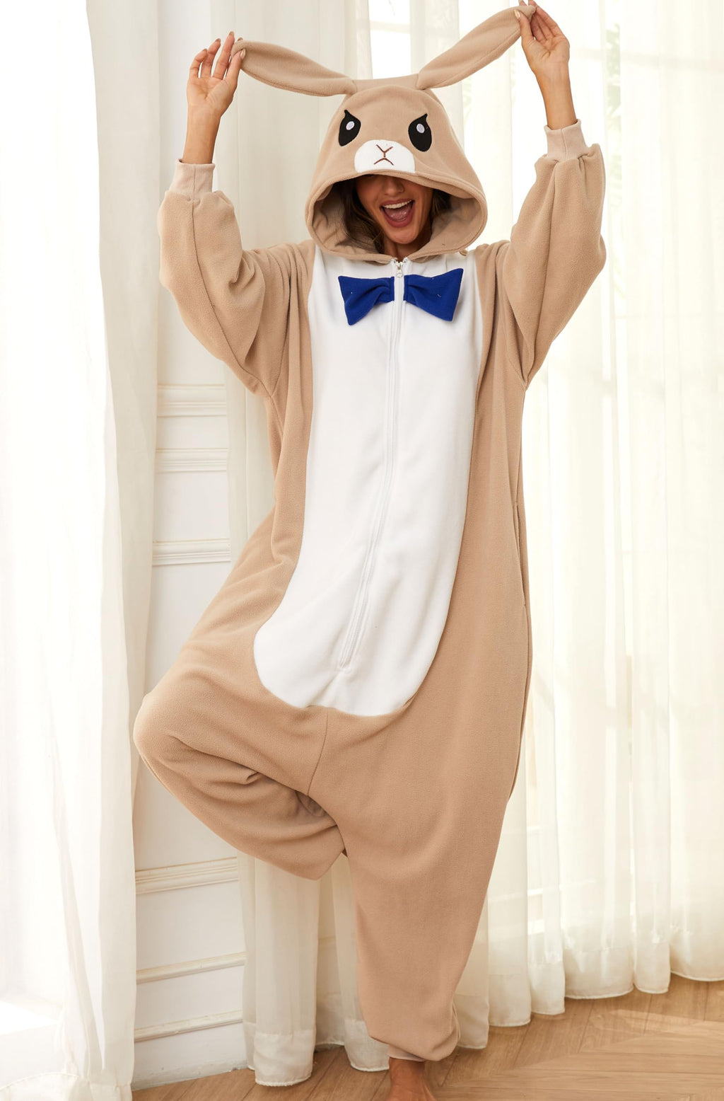 Brown Bunny Onesie Costume – Flannel Rabbit Kigurumi Pajamas with Natural Fur