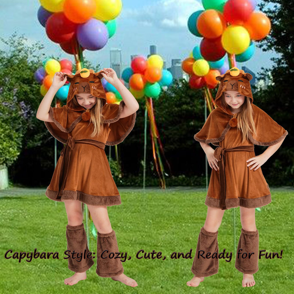 Kids Capybara Costume – 3-Piece Animal Outfit Set with Hooded Cape, Skirt & Leg Warmers for Halloween & Dress-Up