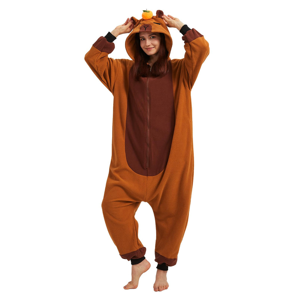 Adult Capybara Onesie Costume – Cozy Rodent Pajamas with Orange Slice Accent for Halloween & Cosplay